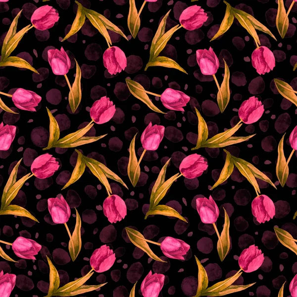 Acquerello Modello Senza Soluzione Continuità Con Fiori Tulipano Sfondo Animale — Foto Stock