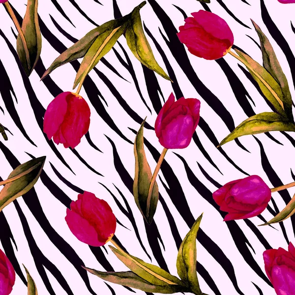 Hayvan arka planında lale çiçekleri olan dikişsiz suluboya deseni. Güzel, yaratıcı çiçek deseni. Yüzey tasarımı için.