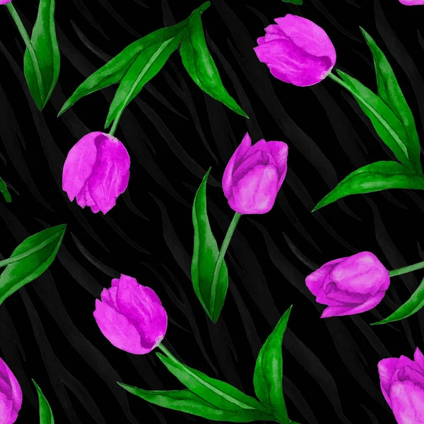 Acquerello Modello Senza Soluzione Continuità Con Fiori Tulipano Sfondo Animale — Foto Stock