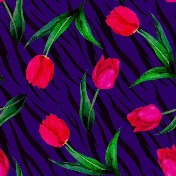 Акварель Безшовний Візерунок Квітами Тюльпанів Тлі Тварин Прекрасний Творчий Квітковий — стокове фото