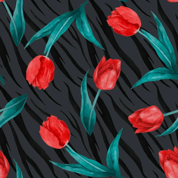 Akwarela Bezszwowy Wzór Kwiatów Tulipan Tle Zwierząt Piękny Kreatywny Kwiatowy — Zdjęcie stockowe