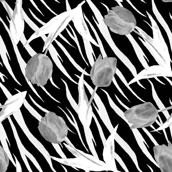 Watercolor seamless pattern with tulip flowers on animal background. Beautiful creative floral print. For surface design.