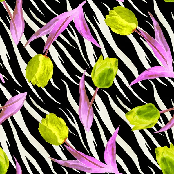 Hayvan Arka Planında Lale Çiçekleri Olan Dikişsiz Suluboya Deseni Güzel — Stok fotoğraf