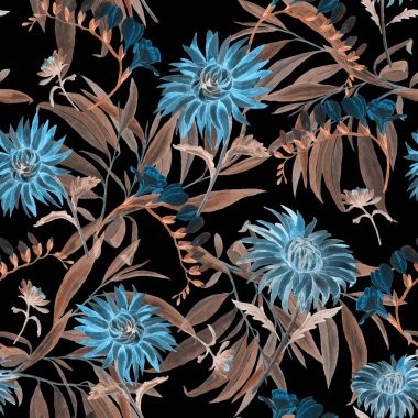 Çiçek açan kasımpatı desenli suluboya desen. Dekoratif çiçek arkaplanı. Klasik çiçek deseni..