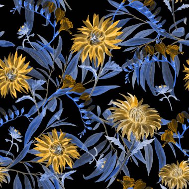 Çiçek açan kasımpatı desenli suluboya desen. Dekoratif çiçek arkaplanı. Klasik çiçek deseni..