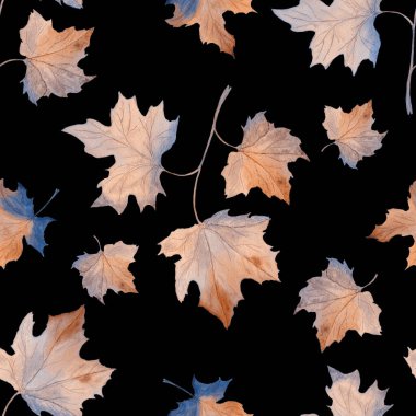 Dökülen yapraklarla sulu boya deseni. Akçaağaç. Güzel sonbahar illüstrasyonu. Doğal yaprak izi..