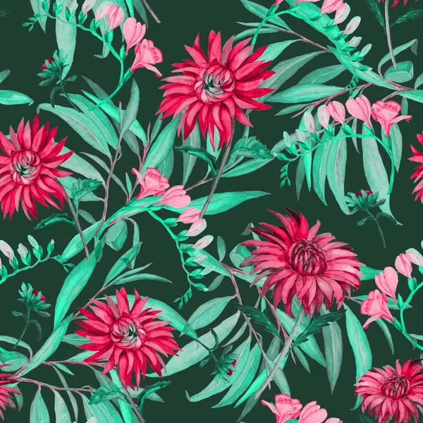 菊の開花と水彩シームレスパターン 装飾的な花の背景 ヴィンテージ花 Print — ストック写真