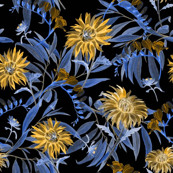 Çiçek açan kasımpatı desenli suluboya desen. Dekoratif çiçek arkaplanı. Klasik çiçek deseni..