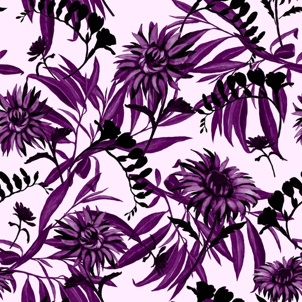 Watercolor seamless pattern with blooming chrysanthemums. Decorative floral background. Vintage floral print.