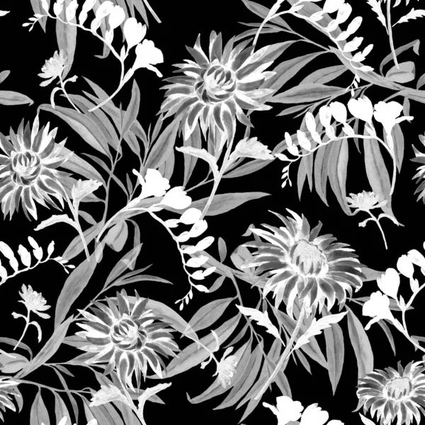 Akvarell Sömlöst Mönster Med Blommande Krysantemum Dekorativ Blommig Bakgrund Vintage — Stockfoto