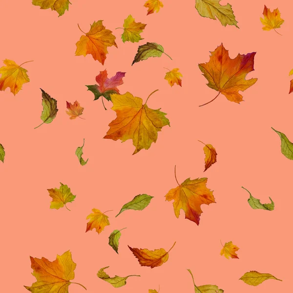 Watercolor Seamless Pattern Autumn Falling Leaves Vintage Natural Background Beautiful — Stock Photo, Image