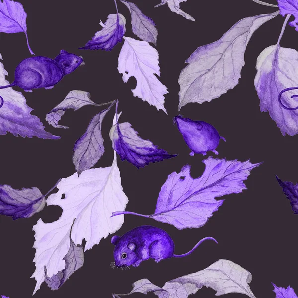 Bezszwowy Wzór Akwareli Polnymi Myszkami Opadającymi Liśćmi Piękna Jesień Ilustracja — Zdjęcie stockowe