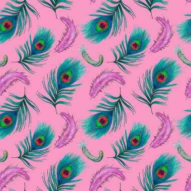 Güzel tavus kuşu tüyleriyle dekoratif, pürüzsüz desen. Modern moda dokusu. El boya kalemleriyle çizilmiş..