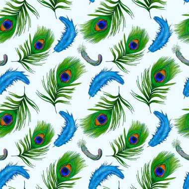 Güzel tavus kuşu tüyleriyle dekoratif, pürüzsüz desen. Modern moda dokusu. El boya kalemleriyle çizilmiş..