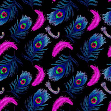 Güzel tavus kuşu tüyleriyle dekoratif, pürüzsüz desen. Modern moda dokusu. El boya kalemleriyle çizilmiş..