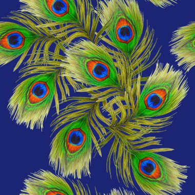 Güzel tavus kuşu tüyleriyle dekoratif, pürüzsüz desen. Moda dokusu. El boya kalemleriyle çizilmiş..