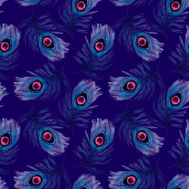Güzel tavus kuşu tüyleriyle dekoratif, pürüzsüz desen. Moda dokusu. El boya kalemleriyle çizilmiş..