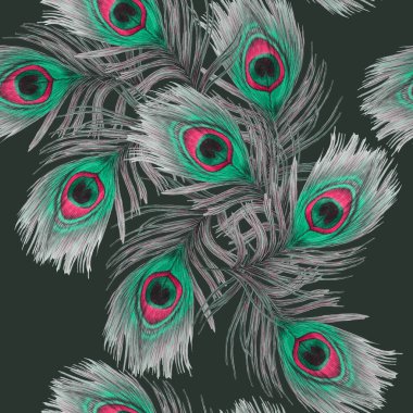 Güzel tavus kuşu tüyleriyle dekoratif, pürüzsüz desen. Moda dokusu. El boya kalemleriyle çizilmiş..