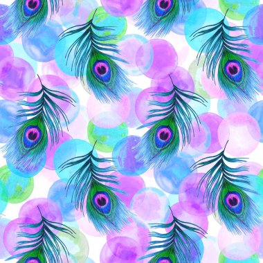 Dekoratif, pürüzsüz desen ve arka planda güzel tavus kuşu tüyleri. Moda dokusu. Pastel boyalarla el çizimi.