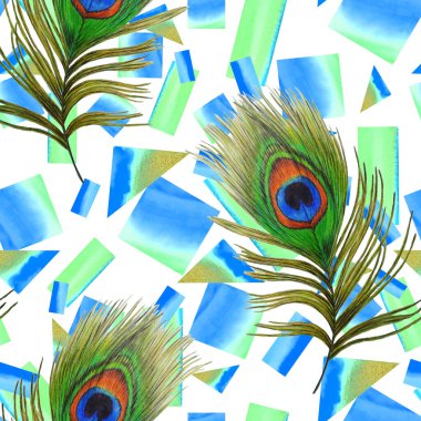 Güzel tavus kuşu tüyleri ve suluboya geometrik şekillerle dekoratif, pürüzsüz desen. Yaratıcı moda baskı. Yüzey tasarımı için.
