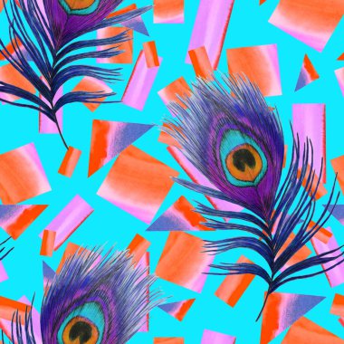 Güzel tavus kuşu tüyleri ve suluboya geometrik şekillerle dekoratif, pürüzsüz desen. Yaratıcı moda baskı. Yüzey tasarımı için.