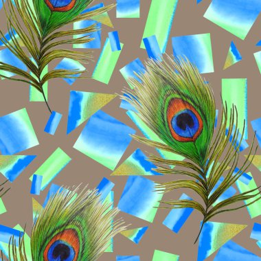 Güzel tavus kuşu tüyleri ve suluboya geometrik şekillerle dekoratif, pürüzsüz desen. Yaratıcı moda baskı. Yüzey tasarımı için.