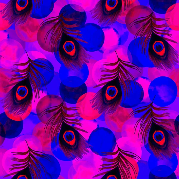 Decorative seamless pattern with beautiful peacock feathers on background. Trendy texture. Hand draw with crayons.