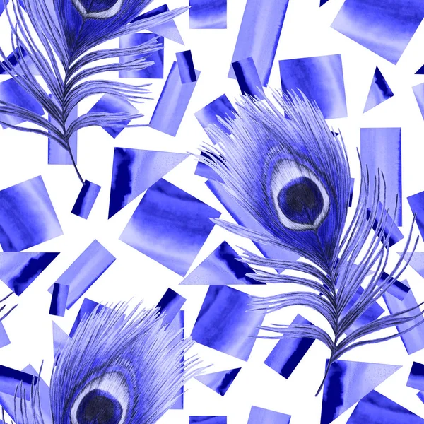装饰无缝图案 孔雀羽毛美丽 水彩画几何形状 创意流行的印刷品 表面设计 — 图库照片