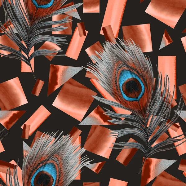 Decorative Seamless Pattern Beautiful Peacock Feathers Watercolour Geometric Shapes Creative — Stock Photo, Image