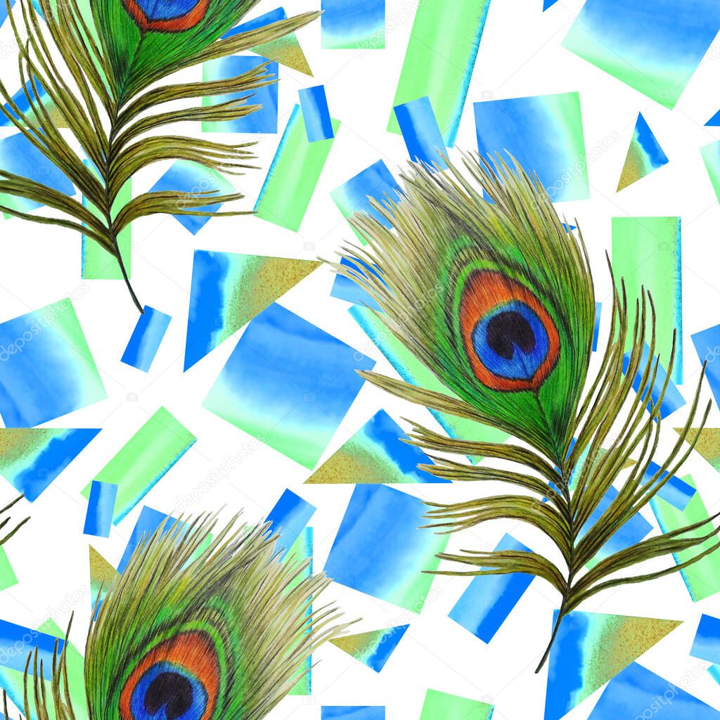 Decorative seamless pattern with beautiful peacock feathers and watercolour geometric shapes. Creative trendy print. For surface design.