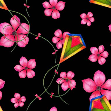 Uçurtmalarla dekoratif renkli desen. Yazın çıkan parlak baskı. Renkli kalemle çizilmiş.