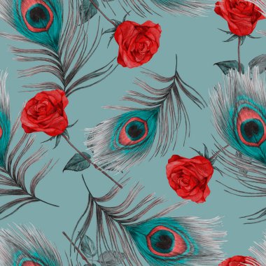 Süssüz desenli, suluboya güller ve tavus kuşu tüyleriyle. Romantik çiçek deseni. 