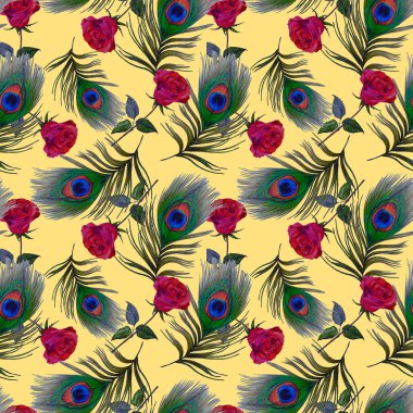 Süssüz desenli, suluboya güller ve tavus kuşu tüyleriyle. Romantik çiçek deseni. 