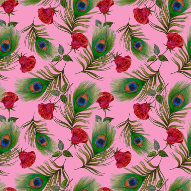 Süssüz desenli, suluboya güller ve tavus kuşu tüyleriyle. Romantik çiçek deseni. 