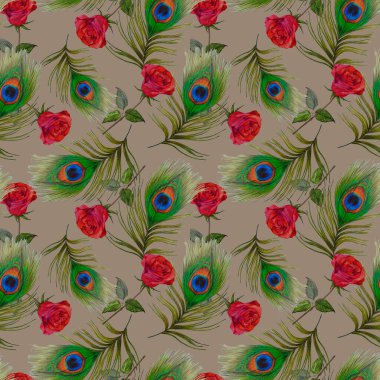 Süssüz desenli, suluboya güller ve tavus kuşu tüyleriyle. Romantik çiçek deseni. 