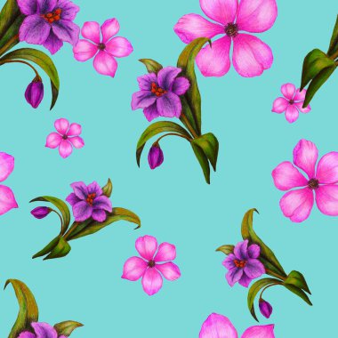 Şekillendirilmiş çiçekli, kusursuz bir desen. Botanik yaz baskısı. Renkli kalemlerle çizilmiş bir el..