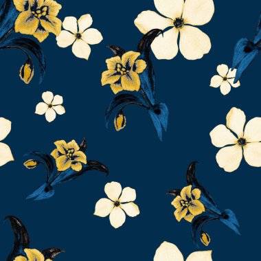 Şekillendirilmiş çiçekli, kusursuz bir desen. Botanik yaz baskısı. Renkli kalemlerle çizilmiş bir el..