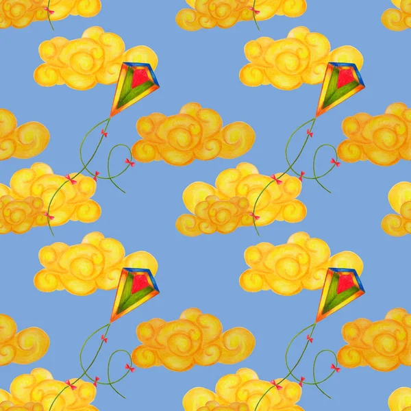 Decorative colorful pattern with kites. Summer bright print. Drawn with colored pencil.