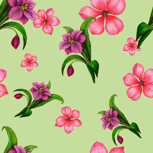 Beautiful Seamless Pattern Stylized Flowers Botanical Summer Print Hand Drawn — Stock Photo, Image