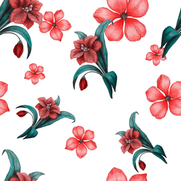 Gyönyörű Zökkenőmentes Minta Stilizált Virágokkal Botanikus Nyári Nyomat Színes Ceruzával — Stock Fotó