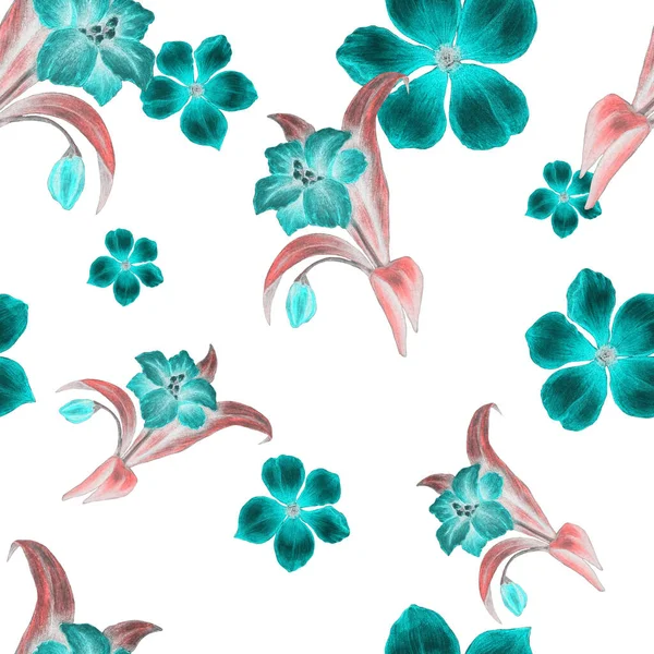 Şekillendirilmiş çiçekli, kusursuz bir desen. Botanik yaz baskısı. Renkli kalemlerle çizilmiş bir el..