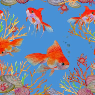 Akvaryum balığıyla dikişsiz suluboya desen. Herhangi bir tasarım için hayvan baskısı.