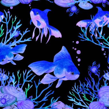 Akvaryum balığıyla dikişsiz suluboya desen. Herhangi bir tasarım için hayvan baskısı.