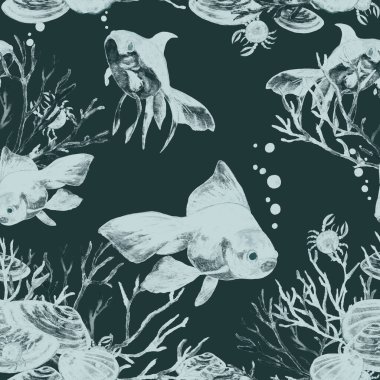 Akvaryum balığıyla dikişsiz suluboya desen. Herhangi bir tasarım için hayvan baskısı.