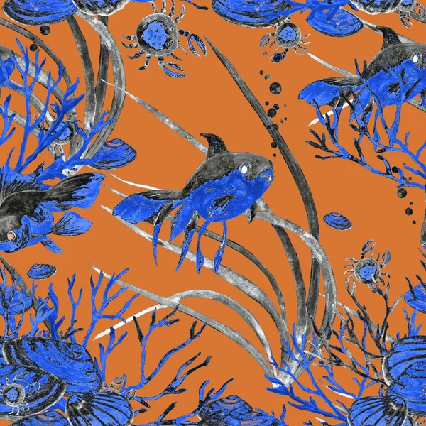 Watercolor Seamless Pattern Aquarium Fish Animal Marine Print Any Kind — Stock Photo, Image