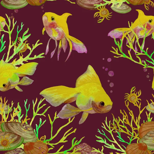 Акварель Бесшовный Узор Аквариумными Рыбами Животная Печать Любого Дизайна — стоковое фото