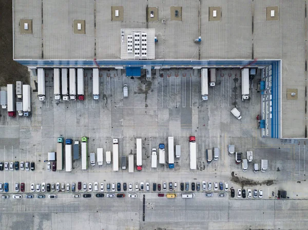 Tiro Aéreo Caminhões Terminal Estacionamento Armazém — Fotografia de Stock