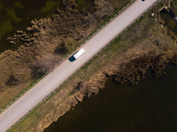 Aerial drone top down video. Highway traffic.