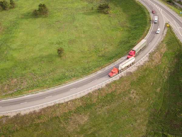 Dump Trucks Carrying Goods Highway Red Truck Driving Asphalt Road — Stock Photo, Image