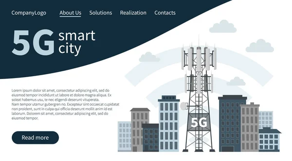 Estación base del mástil 5G en la landing page de la ciudad inteligente . — Archivo Imágenes Vectoriales